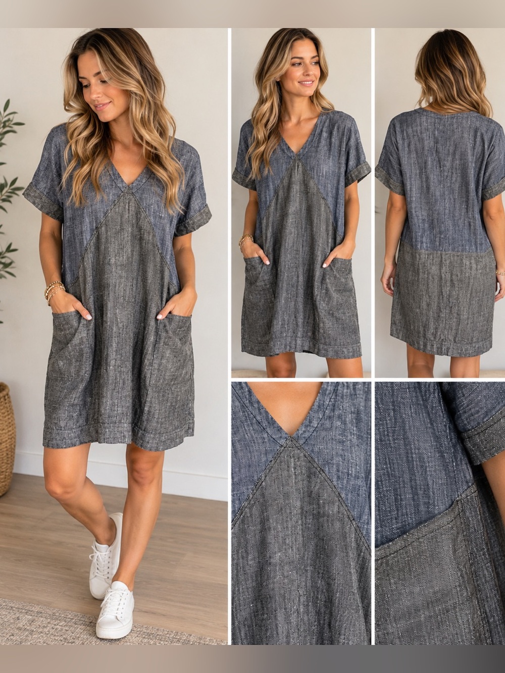 Uncle Frank XS Linen Cotton Colorblock Pocket Shift Dress Blue Gray euc
